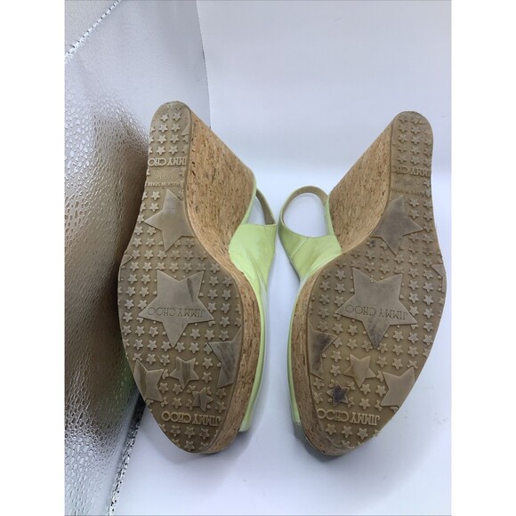 Jimmy Choo Lime Patent Cork Wedge Slingback Peep Toe US 8½ EU 39½ Pre-Owned - Picture 6 of 8